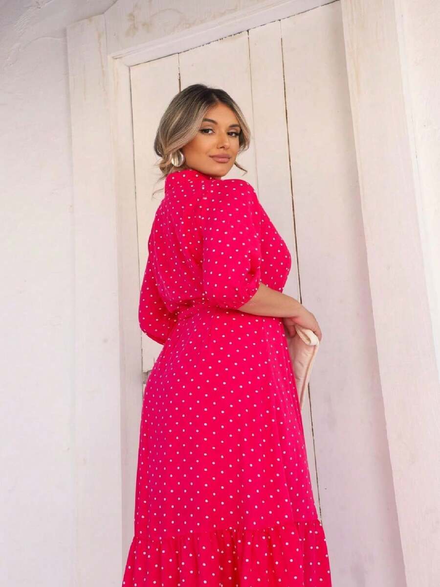 MID DRESS WITH BUTTONS AND SLEEVES - 玫紅色 - 查看 1