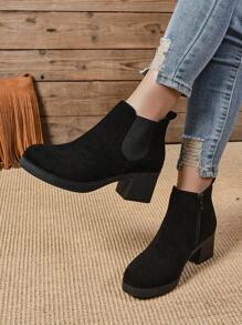 秋冬季加大码女式侧拉链黑色休闲高跟厚底切尔西靴 - 黑色 - 查看 7