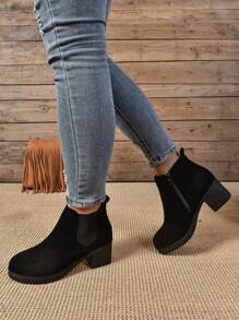 秋冬季加大码女式侧拉链黑色休闲高跟厚底切尔西靴 - 黑色 - 查看 4