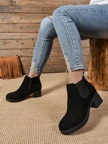 秋冬季加大码女式侧拉链黑色休闲高跟厚底切尔西靴 - 黑色 - 查看 2