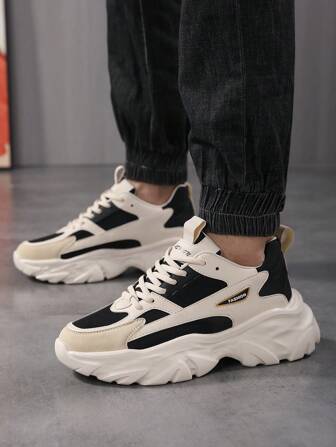 Men's Stylish Contrasting Mesh Front Strap Sneakers, Daily Versatile Shock-Absorbing Casual Running Shoes