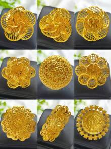 1 件时尚女士花朵镂空镀金戒指，适合迪拜、欧洲、非洲、新娘、婚礼派对、万圣节、感恩节、圣诞节、复活节等节日礼物，可调节尺寸珠宝 - 金黃色 - 查看 12