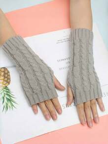 1 Pair Classic Solid Color Cable Knit Fingerless Mittens For Children - A - View 3