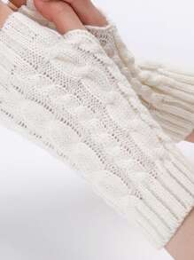 1 Pair Classic Solid Color Cable Knit Fingerless Mittens For Children - A - View 5