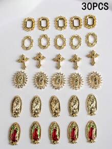30 件混合风格相框，圆形圣母玛利亚，红色服装圣母玛利亚等。能够满足您的日常美甲需求。欧美奢华美甲装饰，3D 简约百搭金属美甲装饰，DIY 美甲用品，时尚、简约、百搭 Y2K 纹理，假指甲装饰配件，指甲饰品，美甲用品指甲，指甲饰，指甲宝石 - 彩色 - 查看 3