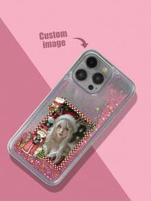 1 pieza Funda de teléfono con marco de Papá Noel de glitter líquido TPU + PC, suave y dura, personalizable con patrón de foto, a prueba de golpes, compatible con iPhone/Android/OPPO/Galaxy