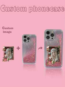 1 pieza Funda de teléfono con marco de Papá Noel de glitter líquido TPU + PC, suave y dura, personalizable con patrón de foto, a prueba de golpes, compatible con iPhone/Android/OPPO/Galaxy