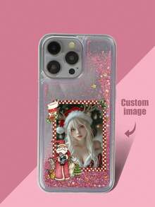 1 pieza Funda de teléfono con marco de Papá Noel de glitter líquido TPU + PC, suave y dura, personalizable con patrón de foto, a prueba de golpes, compatible con iPhone/Android/OPPO/Galaxy