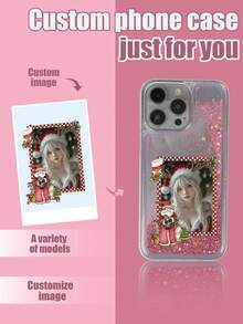 1 pieza Funda de teléfono con marco de Papá Noel de glitter líquido TPU + PC, suave y dura, personalizable con patrón de foto, a prueba de golpes, compatible con iPhone/Android/OPPO/Galaxy
