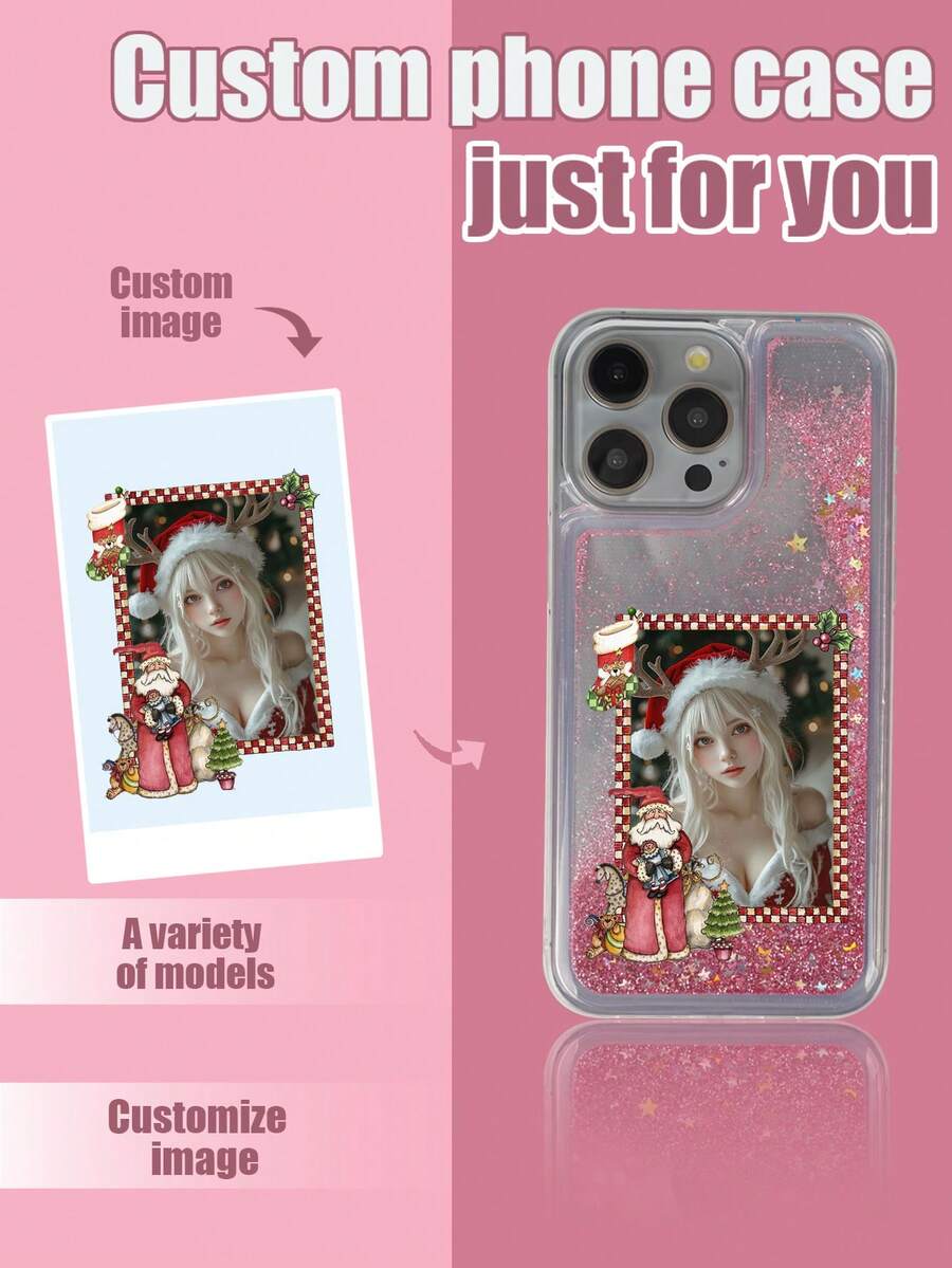 1 pieza Funda de teléfono con marco de Papá Noel de glitter líquido TPU + PC, suave y dura, personalizable con patrón de foto, a prueba de golpes, compatible con iPhone/Android/OPPO/Galaxy