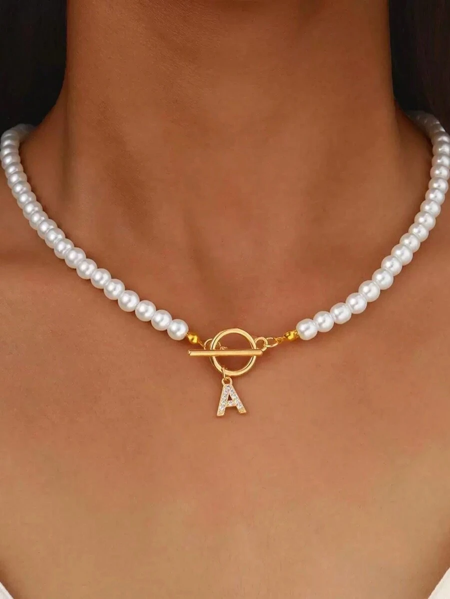 1 chiếc vòng cổ mặt dây chuyền chữ OT có khóa ngọc trai, vòng cổ ngọc trai giả thời trang với 26 mặt dây chuyền chữ cái A-Z, dây chuyền xương đòn tinh tế, phù hợp cho bé gái và phụ nữ - Nhiều màu - Xem 1