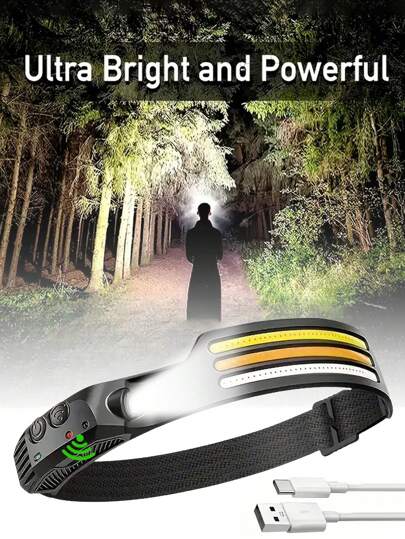 1PC 800MAH Multi Functional COB Headlights, Outdoor Camping Headlights, 3 LED Sensing Headlights, 8 Lighting Modes, Equipped With Intelligent Sensors, Type-C Rechargeable, 270 ° Wide-Angle Lighting, Outdoor Waterproof, Suitable For Outdoor Exploration, Camping, Running, Repair, Fishing, Cycling, And Emergency Lighting,600MAH