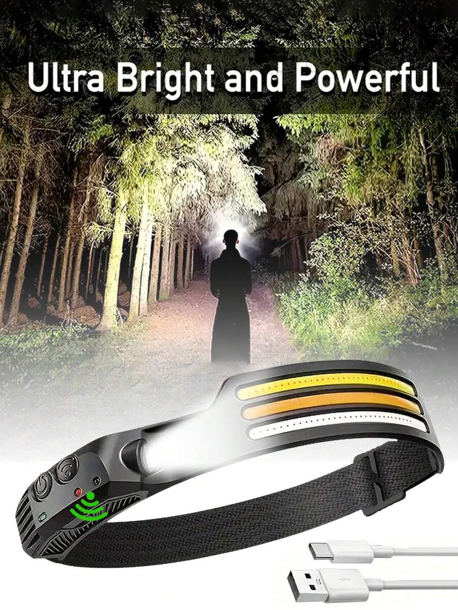 1PC/2PCS Super Bright COB Headlight, With Motion Sensing Function, Supports Type-C Charging, Has Multiple Lighting Modes, Waterproof Silicone Headlight, Suitable For Outdoor Sports, Night Work And Emergency Situations.