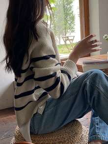 Women Casual Striped Pattern Raglan Sleeve Half-Zip Crew Neck Sweater - Beige - View 2