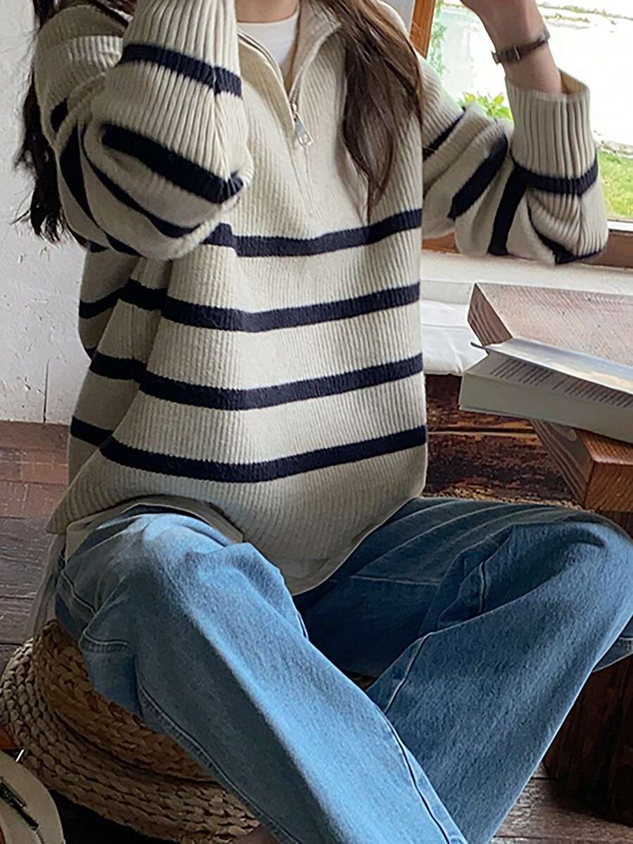 Women Casual Striped Pattern Raglan Sleeve Half-Zip Crew Neck Sweater - Beige - View 1