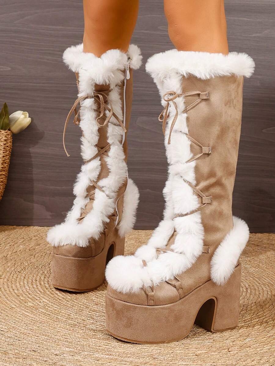 2025秋冬季女士过膝Y2K朋克风棕色毛绒靴，厚底高跟女靴