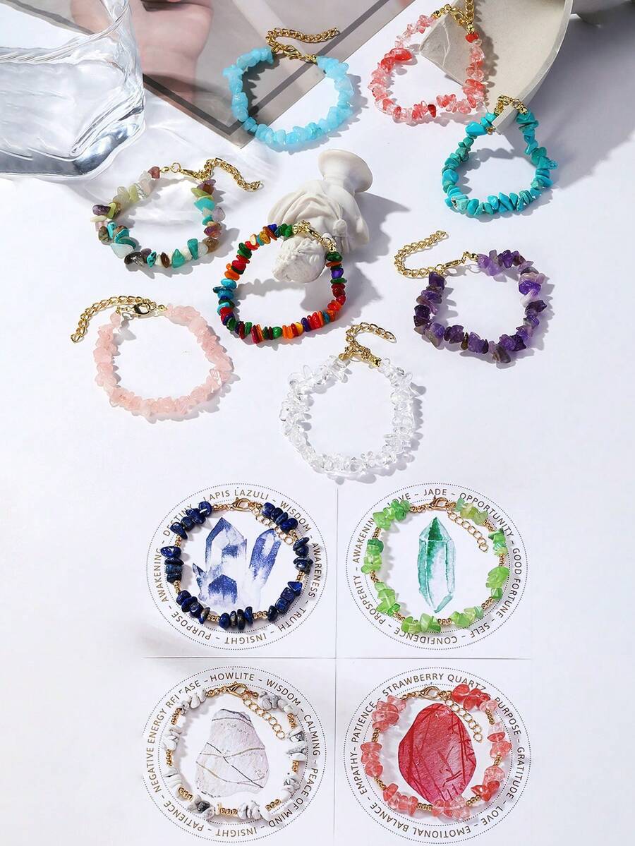 1 chiếc vòng tay hạt co giãn Unakite tự nhiên Chip, vòng tay hạt thủy tinh dành cho phụ nữ - Nhiều màu - Xem 1