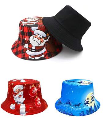 时尚圣诞圣诞老人和驯鹿图案双面渔夫帽，男女通用休闲可爱圣诞帽，圣诞礼物