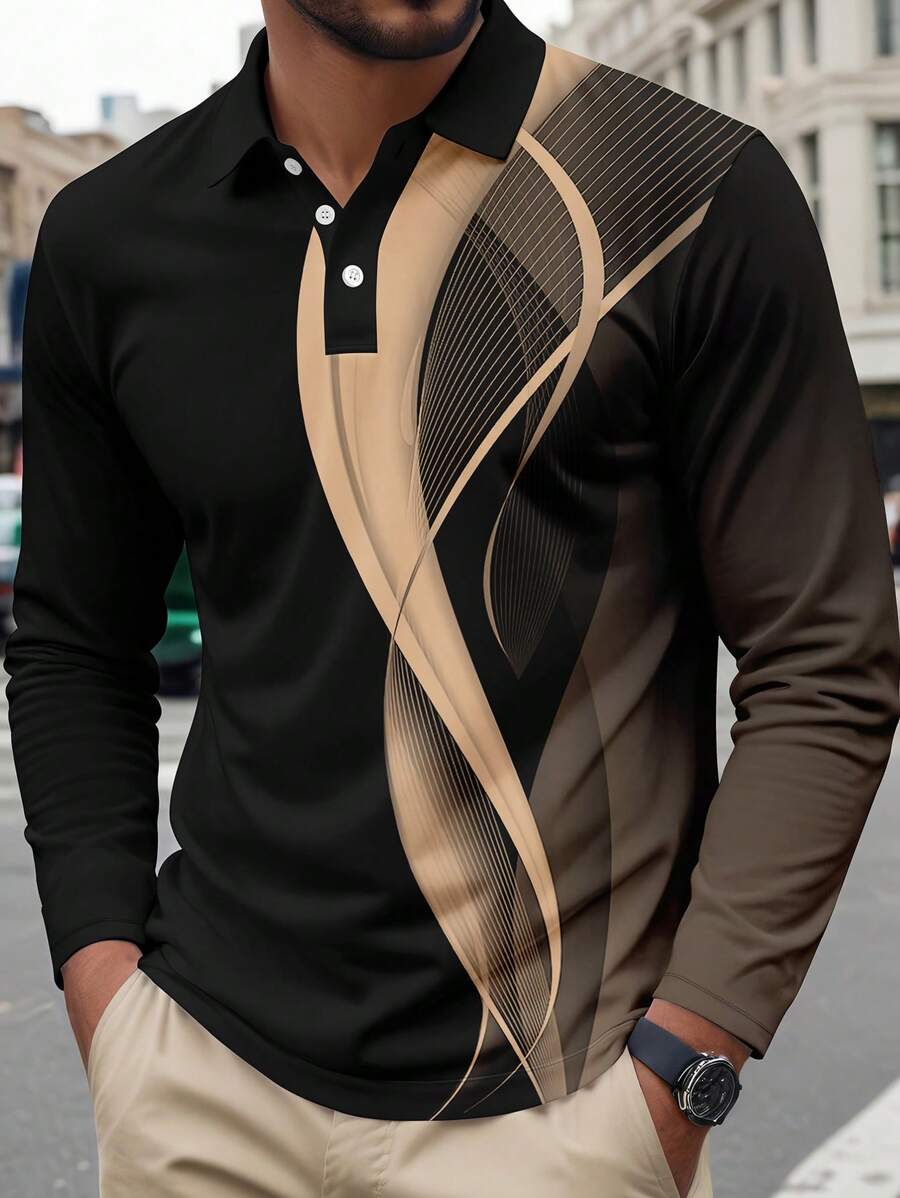 Men's Striped Casual Commuter Long Sleeve Polo Shirt, Autumn, For Fall