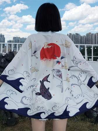 Fashionable 3/4 Sleeve Good Luck Koi Fish Print Hanfu Robe, Loose Casual Kimono, Unisex Couple Style For Travel/Streetwear, Lightweight Cardigan Outwear Thin Jacket For Spring Summer Season