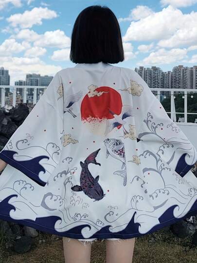 Fashionable 3/4 Sleeve Good Luck Koi Fish Print Hanfu Robe, Loose Casual Kimono, Unisex Couple Style For Travel/Streetwear, Lightweight Cardigan Outwear Thin Jacket For Spring Summer Season
