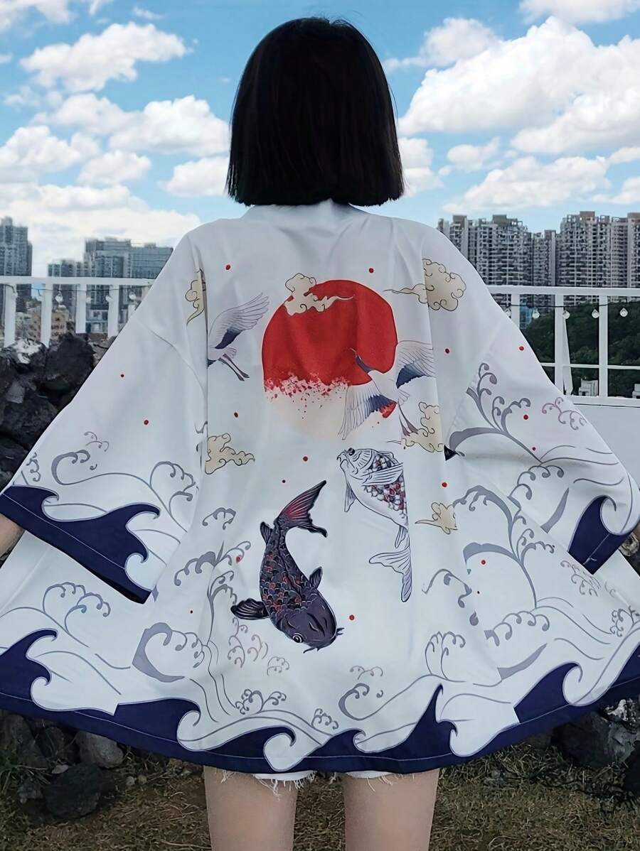 时尚 3/4 袖好运锦鲤印花汉服长袍，宽松休闲和服，男女通用情侣款，适合旅行/街头装，轻便开衫外套薄夹克，适合春夏季节 - 白色 - 查看 1