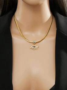 1 件时尚奢华复古水钻眼形吊坠不锈钢项链，设计简约百搭，适合日常佩戴和作为礼物 - 金黃色 - 查看 5