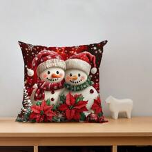 1 件可爱红色圣诞雪人印花超柔软短毛绒枕套、沙发、卧室、客厅、家居装饰靠背套 - 彩色 - 查看 1