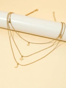 Hegaze 1pc Star & Moon Pendant Multi Layers Necklace - Yellow Gold - View 5