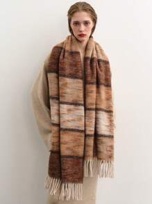 1 件驼色渐变色披肩，配长流苏，蓬松仿羊绒围巾，冬季秋季 - 駝色 - 查看 1