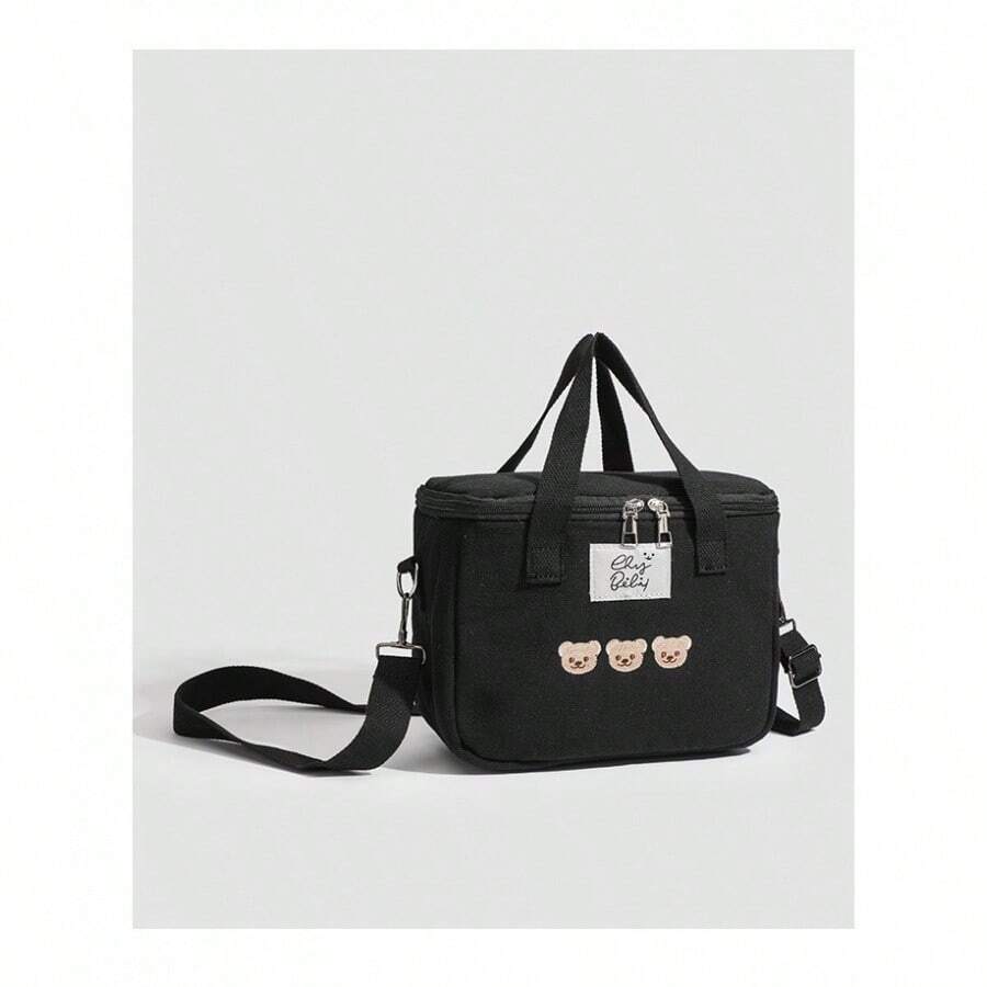 2024 韩国 Ins 风格熊刺绣保温手提包，多功能帆布野餐包，斜挎包和手提包，适合母婴 - 黑色 - 查看 1