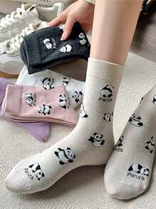 5 双女式可爱熊猫印花透气中筒袜 - 彩色 - 查看 8