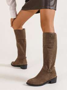 女士纯色时尚靴子，扣式软底休闲粗跟靴，多功能尖头弹力贴脚靴 - 卡其色 - 查看 6