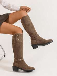 女士纯色时尚靴子，扣式软底休闲粗跟靴，多功能尖头弹力贴脚靴 - 卡其色 - 查看 2