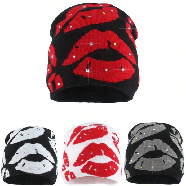 Gorros de lana con rhinestones para mujeres, estilo de moda urbano hip hop, gorro de calavera con estampado de labios vintage de punto para el Día de San Valentín