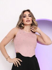 Women's Cropped Sleeveless Modal Tank Top With Stress Rhinestones - 乾枯玫瑰色 - 查看 1