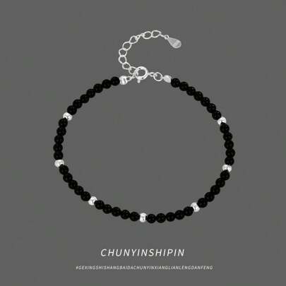 1 Stück S925 Sterling Silber Material elegantes vielseitiges Perlen-Armband mit schwarzem Achat, modisches Accessoire, das sich für Frauen zum Tragen auf Partys eignet