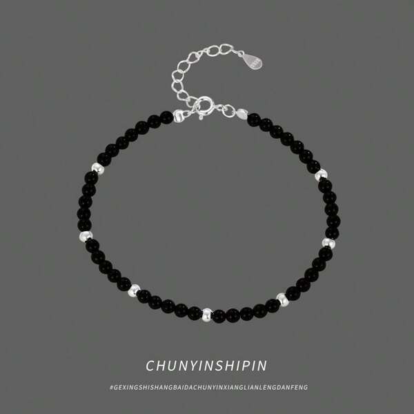 1 pieza Pulsera de ágata negra elegante y versátil hecha de plata de ley 925, accesorio de moda adecuado para que las mujeres usen en una fiesta