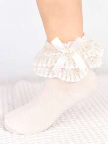 1 Pair Girls' Solid Color Socks With Faux Pearl And Bow Decor, Double-Layer Ruffle Edge, Suitable For Daily Wear - White - View 1