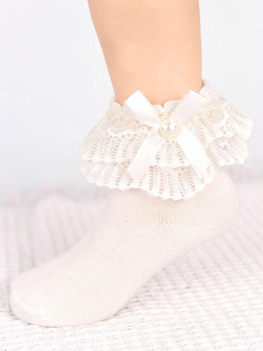 1 Pair Girls' Solid Color Socks With Faux Pearl And Bow Decor, Double-Layer Ruffle Edge, Suitable For Daily Wear - White - View 1