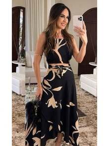 Women's Premium Viscose Set Midi Wrap Skirt With Tie And Cropped Thin Straps With Padded Fashion - 黑色 - 查看 2