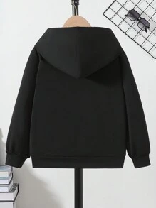 Tween Boy 休闲纯色长袖连帽运动衫，适合户外活动的运动服，春/秋季 - 黑色 - 查看 2