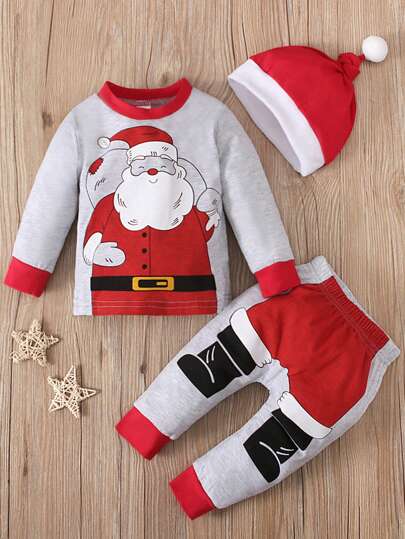 Baby Boy Santa Claus Pattern 3-Piece Set: Gray Long Sleeve Top + Pants + Hat, Suitable For Boys, Spring/Autumn, For Christmas