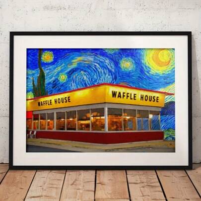 1pc Colorful Starry Sky Bright Warm Waffle House Scene Canvas Print Wall Art Living Room Home Decoration Festival Gift Frameless.