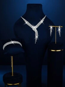 3 件/套水钻流苏吊坠项链和耳环，带爪链、手链 - 时尚首饰套装 - 适合女性日常穿着、婚礼、派对等。 - 白色 - 查看 6