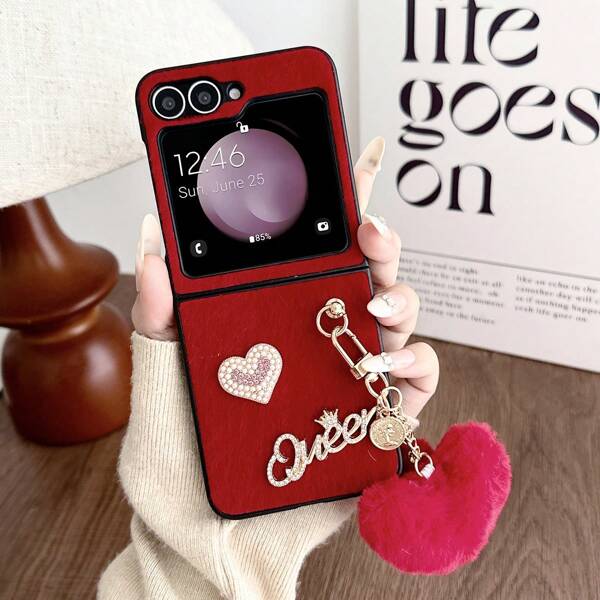 Burgundy 1pc PU Heart Fuzzy Phone Case & 1pc Fluffy Heart Pendant Compatible With Samsung Galaxy Z Flip6 5 4 3 5G