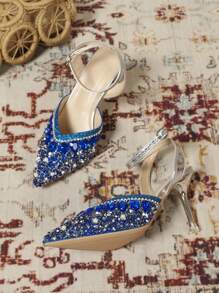 Women's Fashion Pointed Toe Stiletto Heel Slip-On Pumps, Versatile For Daily Commute, Party, Wedding, New Rhinestone Decor, Elegant - Royal Blue - View 6