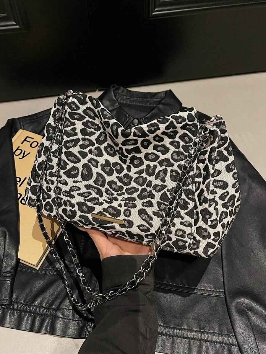 豹纹超大手提包，时尚休闲腋下斜挎包 - 黑色 - 查看 1