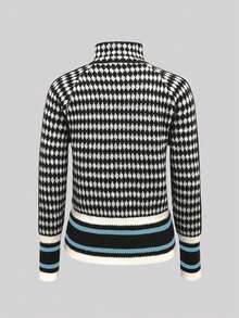 Color Block Zipper Knit Stand Collar Cardigan - Blue and White - View 3
