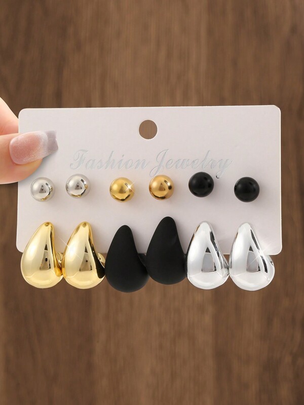 12pcs/Set Fashion Minimalist Multi-Color Round & Teardrop Earring Set, Suitable For Women Daily Wear Or Holiday Gift